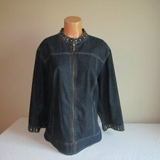 Ruby Rd Ramie Blend Zip Front Studded Denim Jacket Blazer Blue 18W Preowned