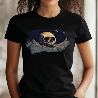 Women Skull on Moon Landscape Motif Cotton T-Shirt Size XS to 3XL