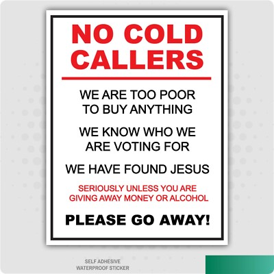 Funny No Cold Callers Sticker Junk Mail Door to Door Marketing Business ...