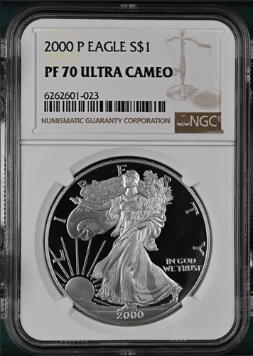 PF70 UCAM 2000-P American Silver Eagle - Brown Label NGC Spot Free White