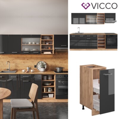 Kitchenette Fame-Line Vicco - Cuisine Intégrée Anthracite/chêne - Brillant