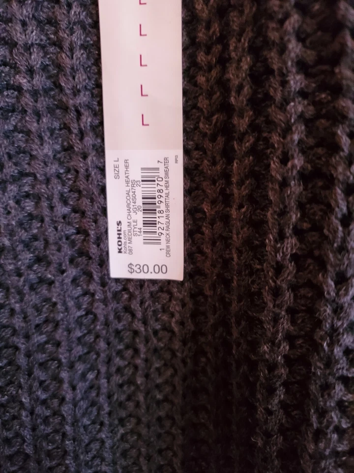 全新 JUNIOR'S SO Shirttail HEM 针织衫 长袖 PULLOVER CHARCOAL HEA 尺码 LG — 第 4/4 张图片