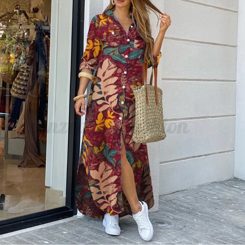 Damen Freizeit Kragen Langarm Shirt Kleid Blumen Knöpfe Lose Midikleid - Bild 25 von 46