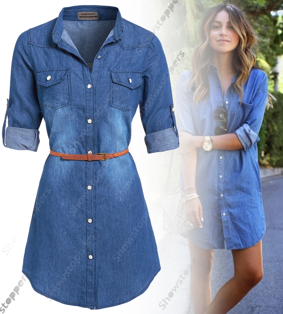 NEW Womens Longline Denim Shirt Dress Ladies Jean Dresses Size 8