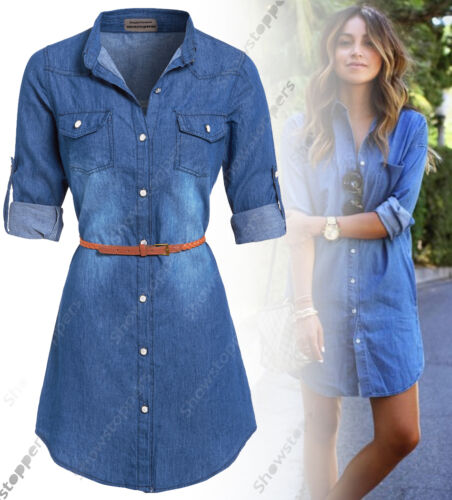 NEW Womens Longline Denim Shirt Dress Ladies Jean Dresses Size 8 10 12 14  - Picture 1 of 9