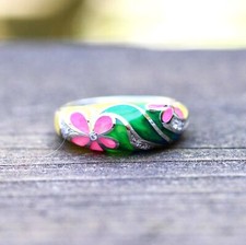 Pink Plumeria Flower Enamel Flower Ring Silver with Cubic Zirconias Canada