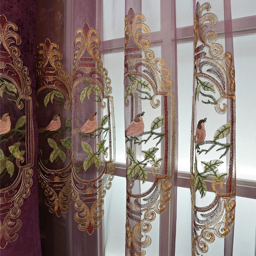 Elegant Purple Tulle Sheer Curtains with Bird Embroidery - 49x96 Inch Panels - Picture 3 of 8
