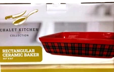 Chalet Kitchen Collection Ceramic Rectangular Baker Serving Dish Red Black Plaid