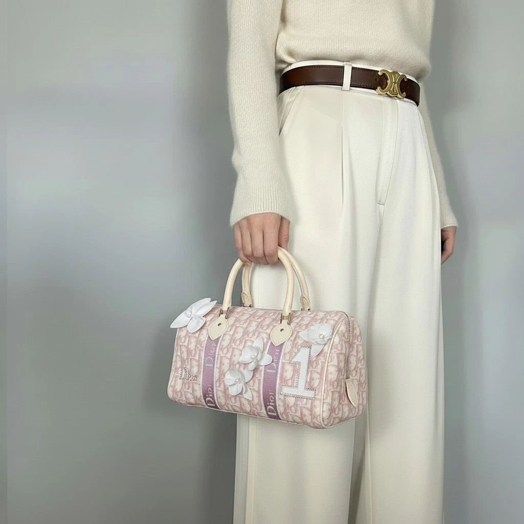Dior — DIOR Trotter Boston Hand Bag Pink Cotton