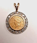 1852 LIBERTY HEAD 1 DOLLAR COIN IN 14K YELLOW GOLD & DIAMOND PENDANT 3.74gr