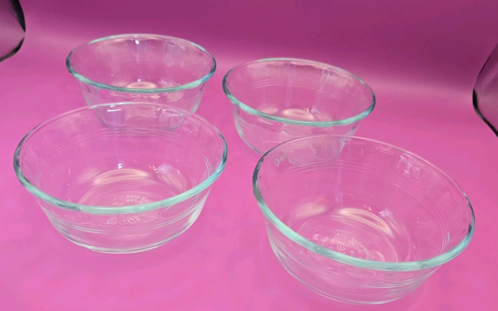 4 Pyrex Clear 6 oz Glass 3- Ring Banded Ramekin Custard Cups Aqua Tint