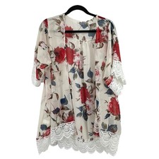 Floral Kimono Open Front Women XL White Red Lace Trim Sheer Cottage Boho Coastal