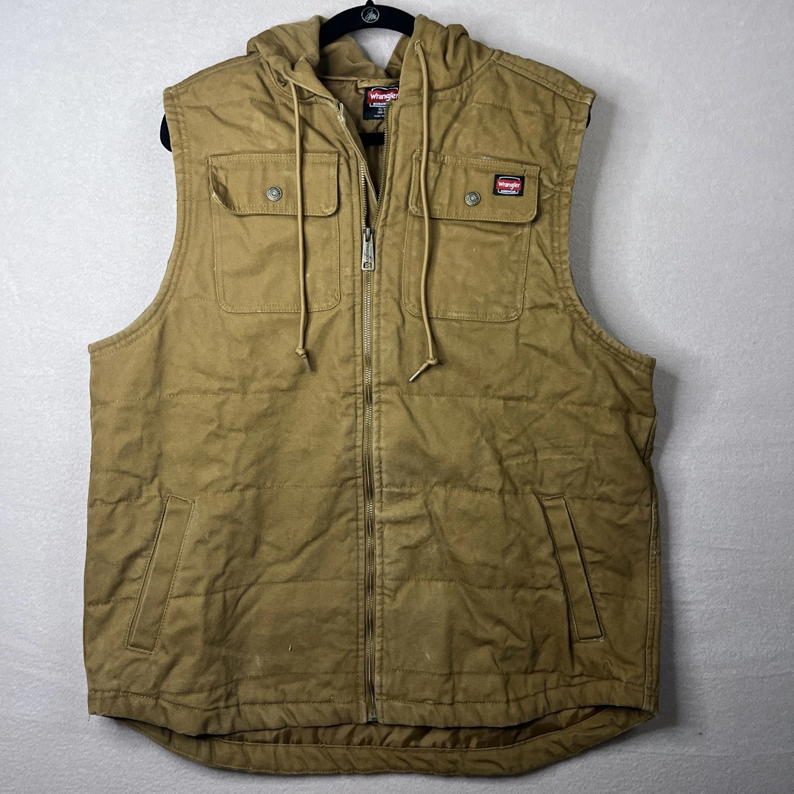 Wrangler Workwear Insulated Hooded Vest Mens XL Canvas Brown Chore