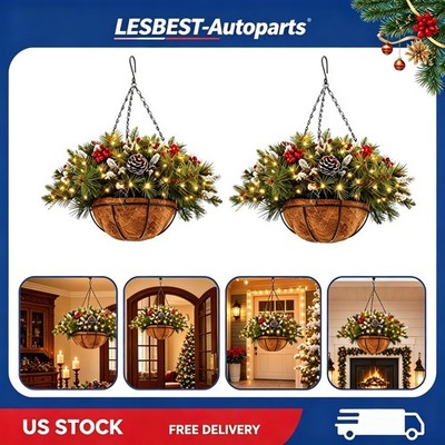 2X Christmas Pre-lit Artificial Christmas Hanging Basket With LED String Lights