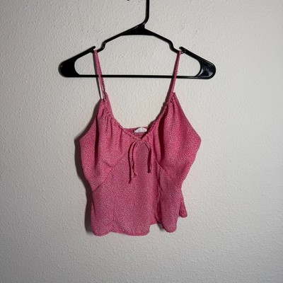 Womens Crop Cami Tank Top Pink White Micro Cheetah Print Tie Front Smocked Back