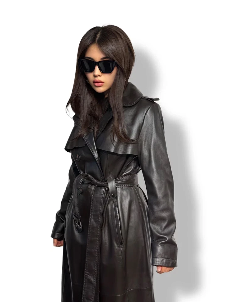 Trench coat de couro feminino genuíno pele de cordeiro inverno longo jaqueta preta - Imagem 2 de 4