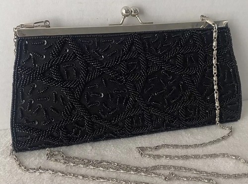 Black Beaded Kisslock Elegant Evening Shoulder Bag Convertible Clutch Vintage