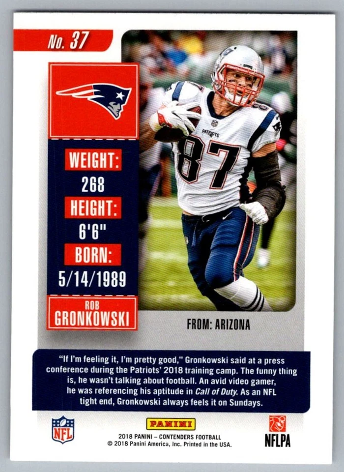 2018 Panini Contenders Rob Gronkowski New England Patriots #37 - Image 2 of 2