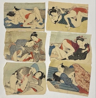 Rare Meiji Era Japanese Shunga Woodblock Prints on Chirimen Paper Set of 6
