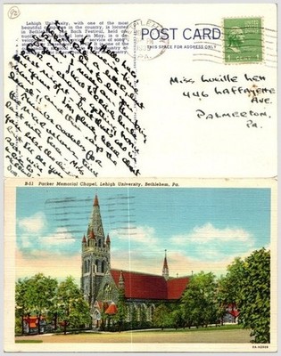 1935 Lehigh Univ Chapel Postcard, Bethlehem PA, Bach Fest
