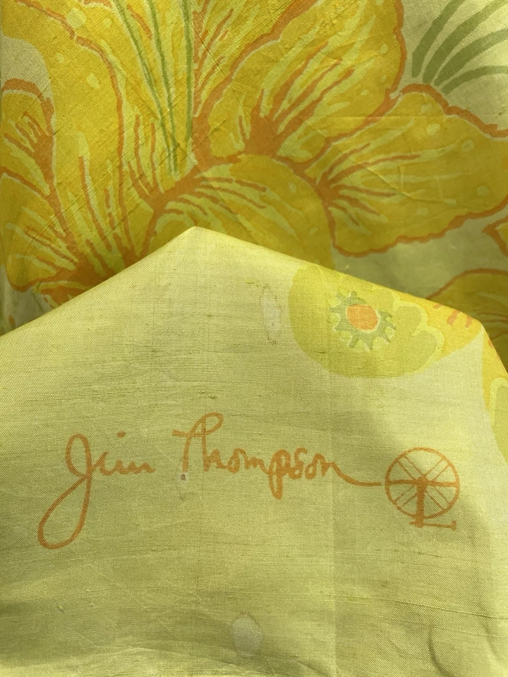 Jim Thompson цветочный бабочка шарф зеленый желтый тайский шелк стиль винтажный #A7 - Изображение 2 из 4