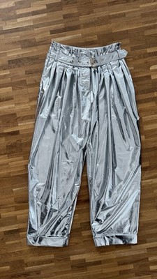 Balmain Hose Silber Metallic Paperbag Waist Statement Pants High Fashion Gr. S