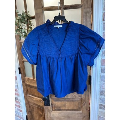 Melissa Nepton Top Emily Women XL Royal Blue Quilted V-Neck Lace Trim Boho