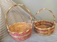 Pr /2 Vtg Mexican EASTER BASKETS 1950-60s woven worn pink/ red brown 12x8~ 9x7.5