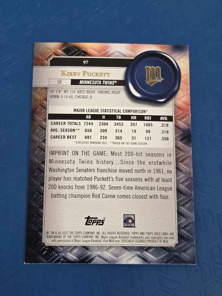 2022 Topps Gold Label Class 3 Black #97 Kirby Puckett Twins BASEBALL Card 2I - Image 2 of 2