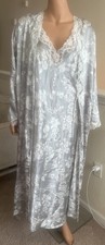 Vintage Jacklyn Smith Full Length Satin Robe Night Gown Set Silver Floral NWT M