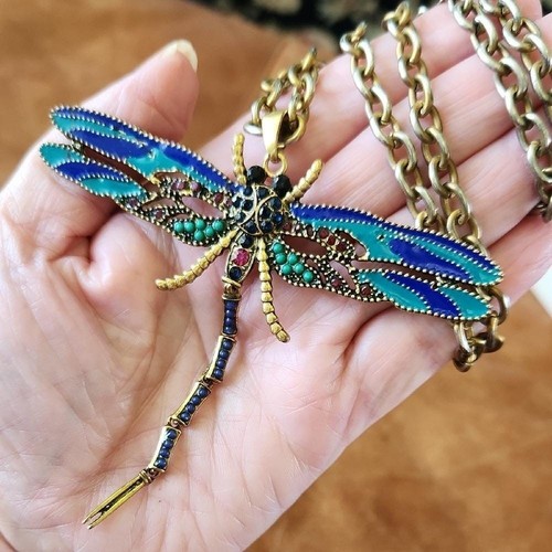 Gold and Blue Dragonfly Necklace Whimsy Insect