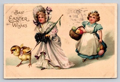 Easter Fantasy Girls Walk Anthropomorphic Chick  Eggs 1909 Postcard  P926