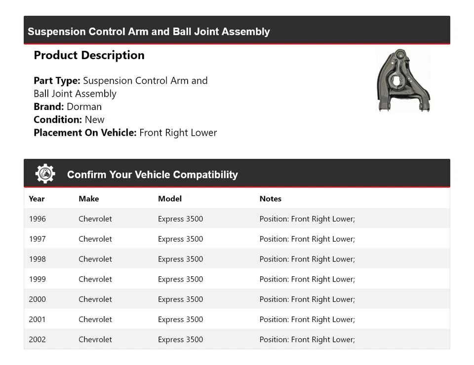 Conjunto de rótula brazo de control Dorman 1996-2002 Chevrolet Express 3500 Foto 2 de 4