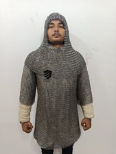 Medieval 9mm Steel Shirt Flat Ring Riveted Half Sleeve Chainmail Shirt  Coif