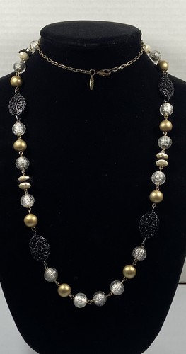 Collana stazione vintage NY tono oro acrilico finte perle e tessuto perline 36 in - Foto 2 di 12