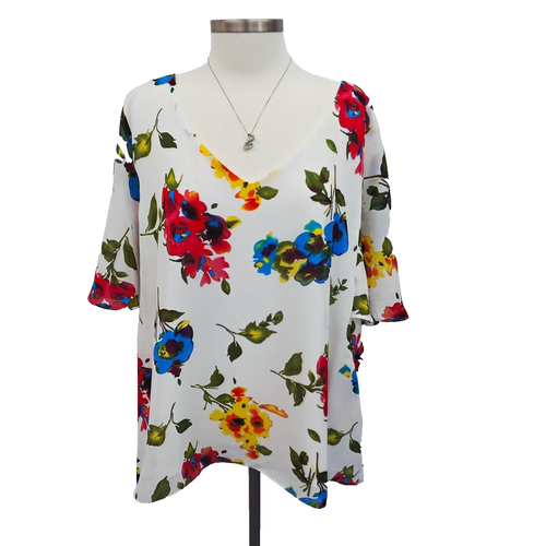 Womens Short Sleeve Floral V-Neck Blouse Top Plus Size 2X White Summer Career