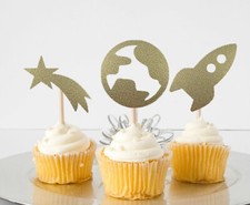 Planets Cupcake Toppers For Birthday Set of 10 Double Sided Glitter Cardstock