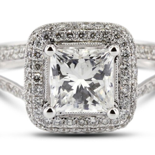 3.1 CTW NATURAL DIAMOND G/VS1 PRINCESS CUT 18K WHITE GOLD PRONG HALO ACCENT RING - Picture 6 of 17