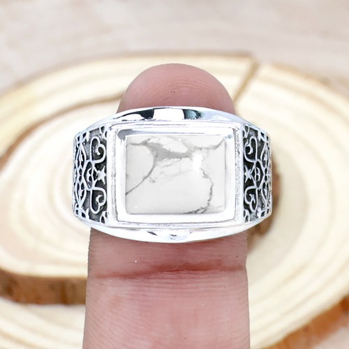White Howlite Rectangle Cut 925 Sterling Silver Turkish Style Men's Ring Jewelry - Picture 3 of 3