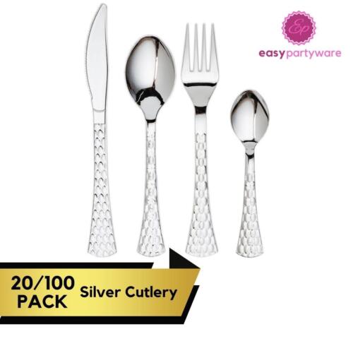 Silver Plastic Cutlery Sets Spoons Knives Forks Heavy Duty Wedding Tableware - Afbeelding 1 van 10