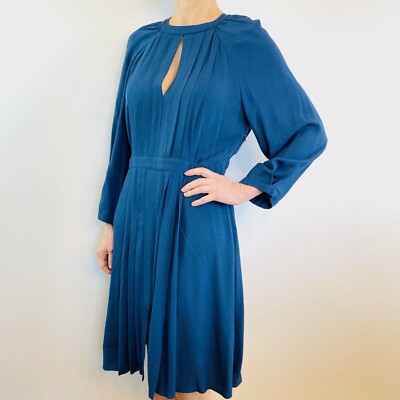 Max&Co Size 8 10 Blue Long Sleeve Pleated Front Knee Length Dress Designer NWT