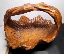 Fantastic Vintage Hand Carved Burl Wood Large Basket w Handle Primitive Folk Art