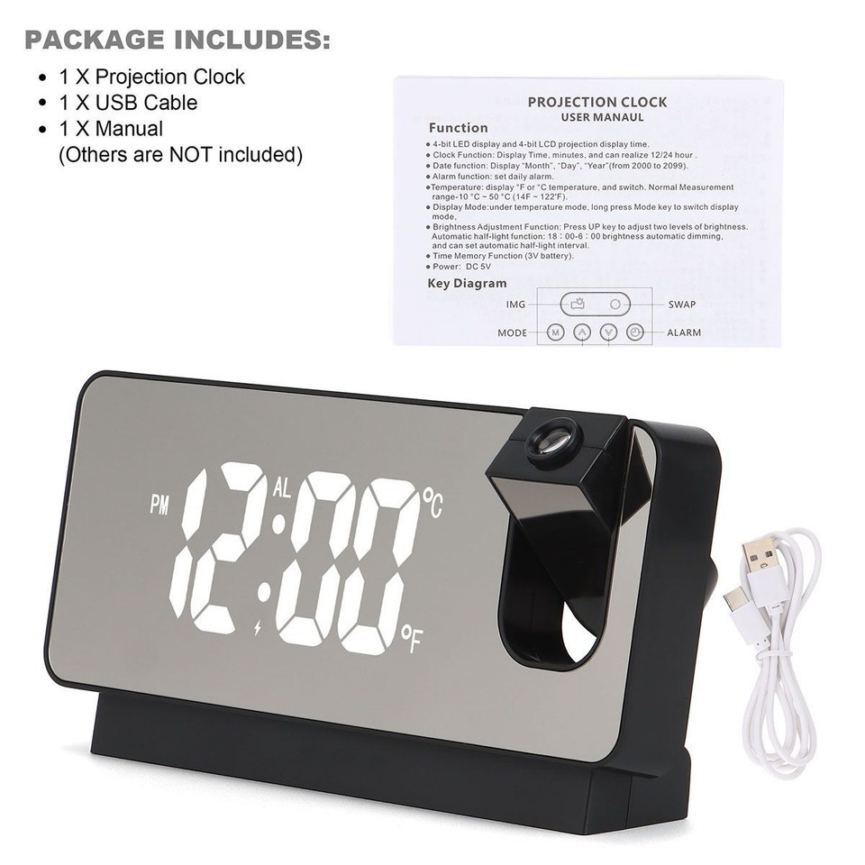 LED Digital Projector Projection Snooze Dual Alarm Clock Timer USB ...