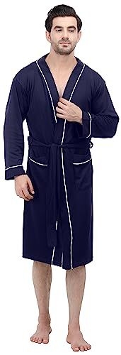 Mens Knit Robe Lightweight Summer Cotton Blend Bathrobe, Navy, Large - Picture 5 of 7