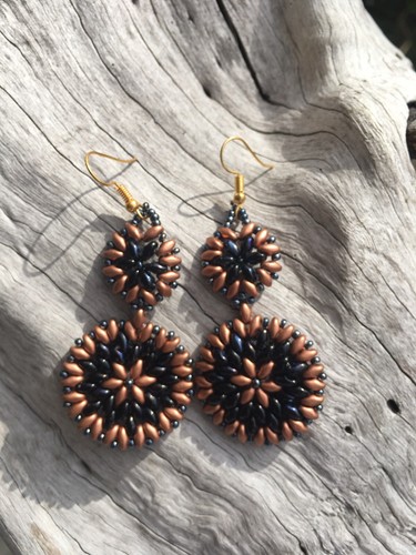 Boho Handmade Mandala Beadwork Drop Dangle Midnight Blue Copper Earrings - Picture 3 of 9