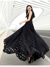 Womens Organza Sleeveless Super Long Swing Dress Beach Holiday Seaside Summer sz