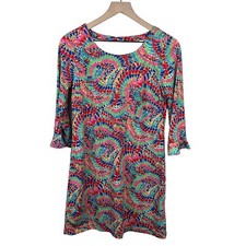 Joy Joy Womens Multicolored Geometric Print Retro 3/4 Sleeve Jersey Dress Small