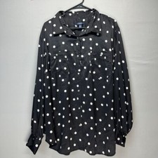 Chaps Black White Polka Dot Satin Button Down Long Tunic Blouse Women 2X Plus