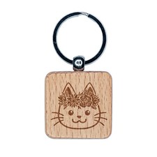 Cat Wearing a Flower Crown Engraved Wood Square Keychain Tag Charm