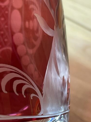 Bohemian Cranberry Red Cut to Clear Crystal Beer Mug Stein Deer Stag Oversized - Picture 9 of 20
